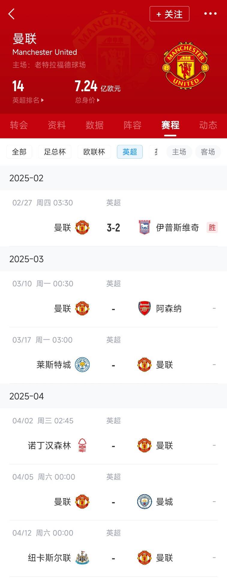 藍(lán)狐救一下？曼聯(lián)未來(lái)5輪將遭遇英超2/3/4/6名：槍手森林曼城紐卡